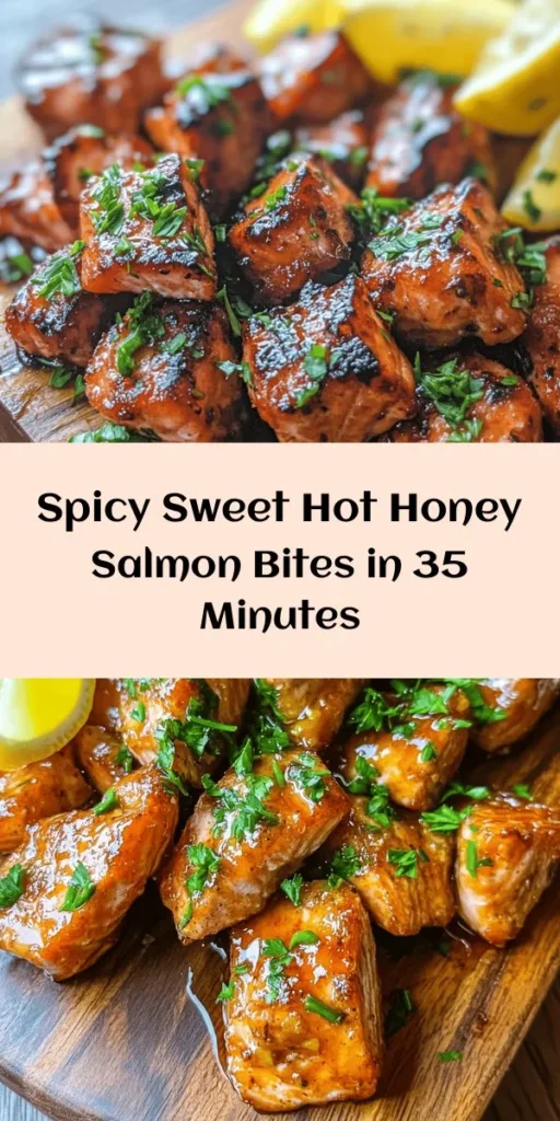 Treat yourself to these delicious Hot Honey Salmon Bites! Perfectly marinated in a sticky blend of hot honey, soy sauce, and spices, these tender salmon pieces are baked until flaky and flavorful. Ready in just 35 minutes, they make an irresistible appetizer or main dish. Garnish with fresh parsley and serve with lemon wedges for a bright finish. Ideal for a cozy dinner or entertaining guests, this recipe will become a favorite in no time!
