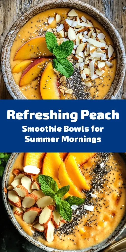 Cool off this summer with our delightful Summer Bliss Peach Smoothie Bowls! This refreshing recipe features ripe peaches, creamy Greek yogurt, and a hint of vanilla for a sweet, fruity treat. Blend your base in just 5 minutes and top it with fresh peach slices, crunchy almonds or granola, chia seeds, and coconut flakes. Garnish with mint leaves for a pop of color and enjoy a deliciously healthy breakfast or snack. Perfect for any sunny day!