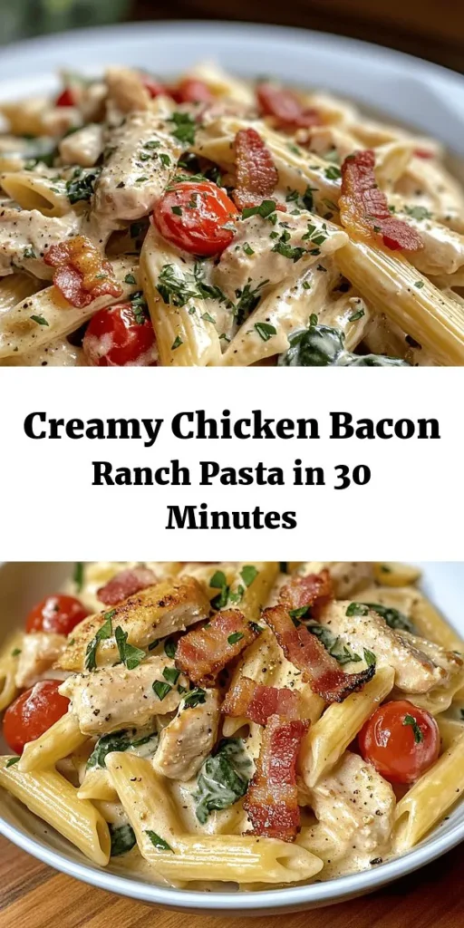 Treat yourself to a delightful bowl of creamy chicken bacon ranch pasta! This comforting dish combines tender chicken, crispy bacon, and a rich ranch-flavored sauce, all tossed with penne pasta, cherry tomatoes, and fresh spinach. Perfect for a weeknight dinner, it's quick to prepare and sure to please the whole family. Ready in just 30 minutes, it's a deliciously creamy meal everyone will love! Don't forget to garnish with parsley and extra Parmesan for that perfect finishing touch!