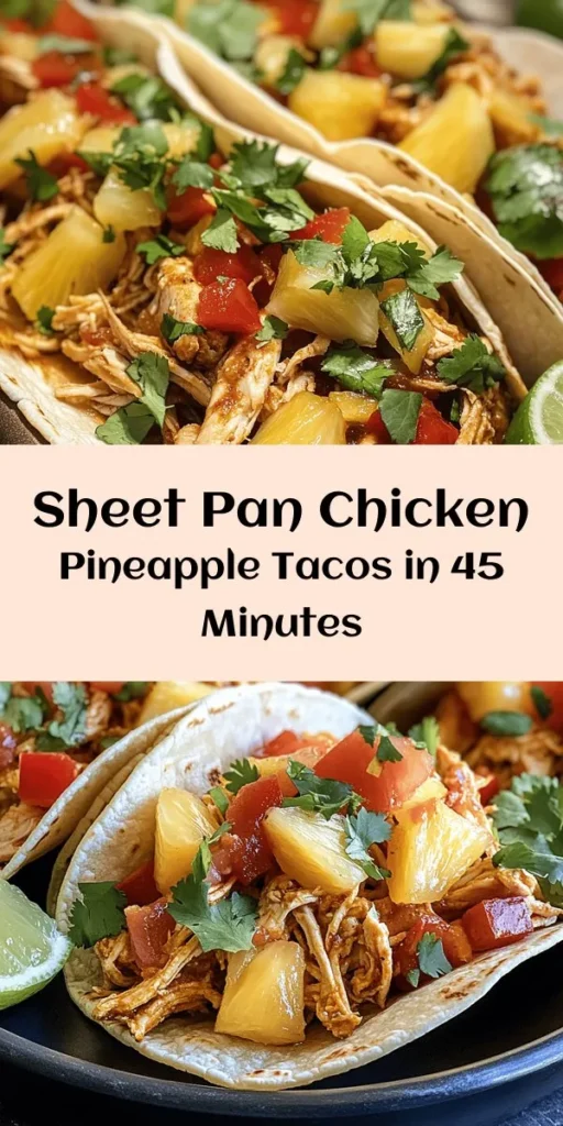 Enjoy a tropical twist with these Sizzlin' Sheet Pan Chicken, Chipotle & Pineapple Tacos! This easy recipe combines tender, flavorful chicken thighs with juicy pineapple, colorful bell peppers, and spices, all roasted to perfection on a sheet pan. Perfect for a quick weeknight dinner, these tacos are topped with fresh cilantro and served with lime wedges. Ready in just 45 minutes, they're sure to become a family favorite!