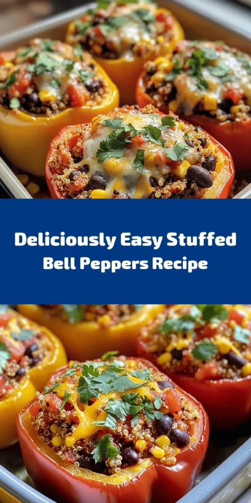 Discover the joy of cooking with these easy stuffed bell peppers! Perfect for a healthy weeknight dinner, this recipe combines colorful bell peppers with a flavorful filling made of quinoa, black beans, corn, and spices. Topped with melted cheese, they make for a delicious and satisfying meal. Plus, they're customizable to your taste! Get the full recipe and impress your family with this vibrant and nutritious dish. Enjoy these stuffed peppers today!