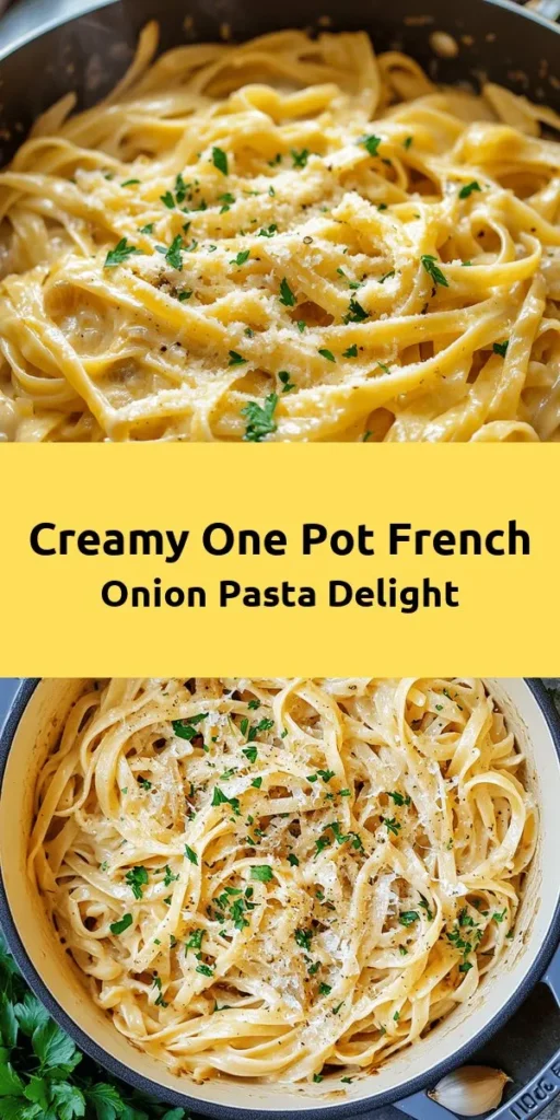 Experience the richness of One Pot French Onion Pasta! This creamy, cheesy dish combines caramelized onions, garlic, and herbs for a comforting meal made in just one pot. Cook fettuccine or linguine with vegetable or beef broth, then stir in heavy cream and Gruyère for melty goodness. Perfect for busy weeknights, it’s both simple and delicious. Don't forget to garnish with fresh parsley! Savor every bite of this indulgent treat.
