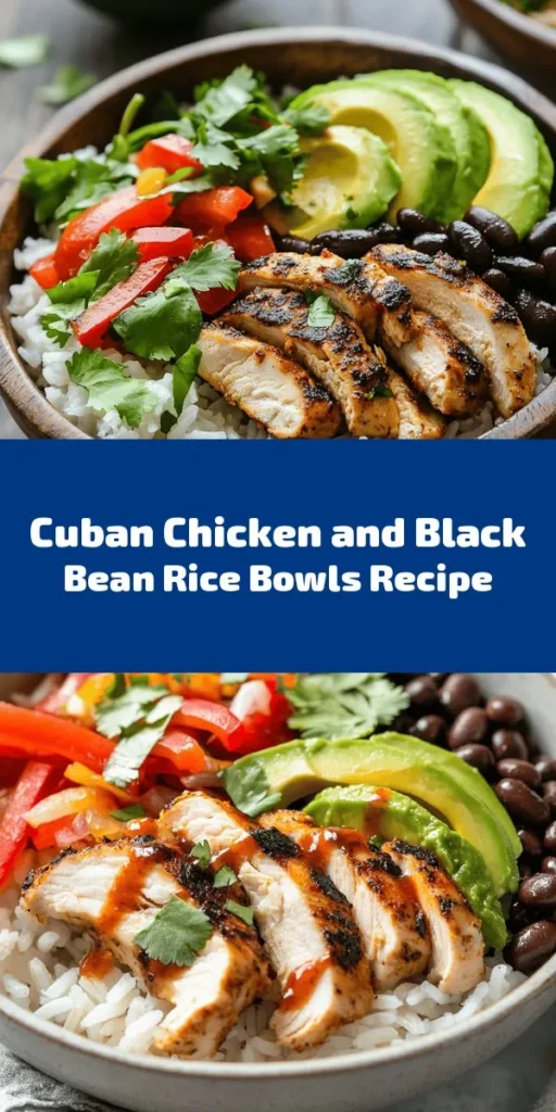 Savor the flavors of Cuba with these delicious Cuban Chicken & Black Bean Rice Bowls! Made with marinated chicken thighs, fluffy rice cooked in chicken broth, and seasoned black beans, this recipe is packed with vibrant ingredients like garlic, onion, and bell pepper. Topped with fresh cilantro and creamy avocado, these bowls are perfect for any meal. Enjoy a taste of the Caribbean right at home in just an hour! Perfect for meal prep or a tasty dinner!