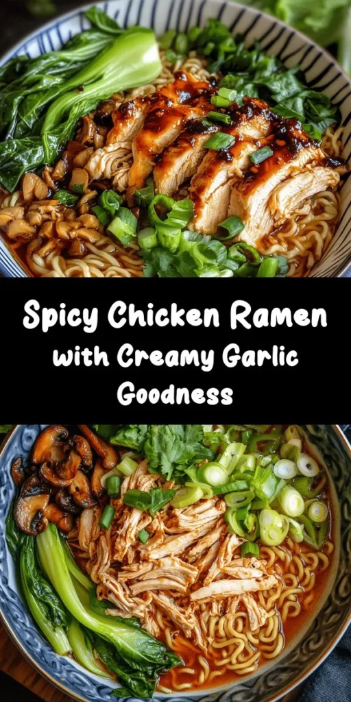 Spice up your dinner routine with this delicious Fiery Chicken Ramen with Creamy Garlic Sauce! Tender marinated chicken thighs simmer in a rich broth with ramen noodles, bok choy, and mushrooms, all topped with a luscious garlic cream sauce. Quick to prepare and packed with flavor, this comforting bowl is perfect for a cozy night in. Don't forget to garnish with fresh cilantro and extra sriracha for an added kick! Perfect for serving 4 and sure to impress!