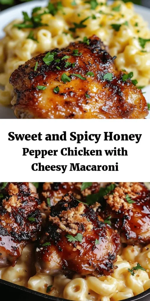 Indulge in a delightful blend of flavors with Sweet and Spicy Honey Pepper Chicken paired with Creamy Macaroni Cheese. This recipe features juicy marinated chicken thighs grilled to perfection and coated in a zesty honey sauce, complemented by a rich, cheesy macaroni dish. Perfect for a family dinner or a cozy night in, this meal is sure to impress. Get ready to savor every bite! Easy to prepare and absolutely delicious!