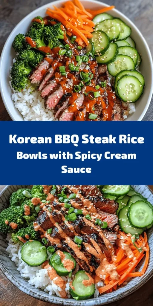Elevate your dinner with these Korean BBQ Steak Rice Bowls topped with a zesty spicy cream sauce! Featuring marinated steak, jasmine or brown rice, steamed broccoli, fresh cucumbers, and shredded carrots, this dish is a feast for both the eyes and the palate. Perfect for a weeknight meal, it’s quick to prepare and packed with flavors. Don’t forget to garnish with scallions and sesame seeds for that extra crunch!