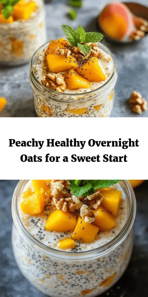 Start your mornings right with these irresistible healthy overnight oats featuring fresh peaches! This simple recipe combines rolled oats, almond milk, chia seeds, and a touch of honey or maple syrup for sweetness. Just mix, refrigerate overnight, and wake up to a creamy, nutritious breakfast. Top with extra peaches, crunchy nuts, and fresh mint for a delightful touch. Perfect for busy mornings or meal prep! Enjoy a delicious start to your day with every bite.