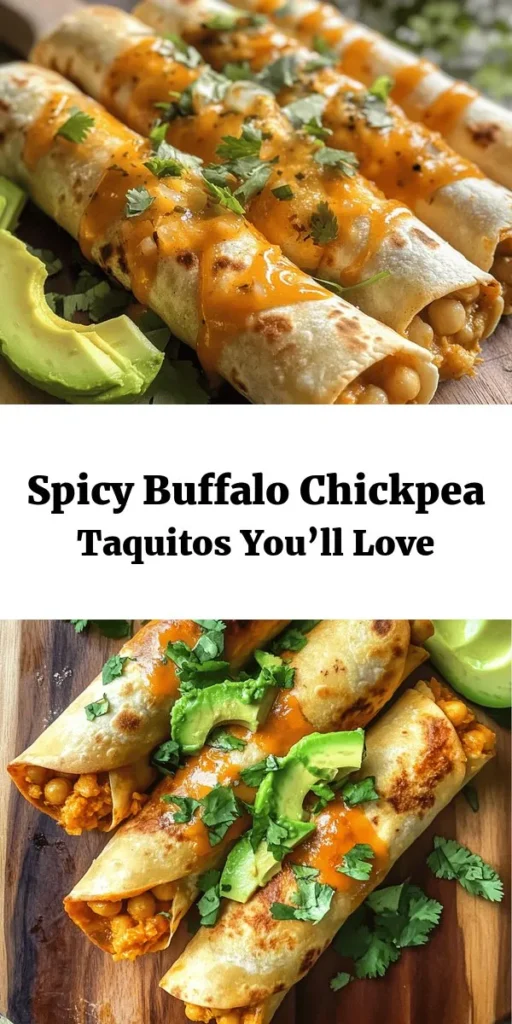 Spice up your snack time with these delicious Buffalo Chickpea Taquitos! Quick to make and bursting with flavor, these taquitos are filled with a scrumptious chickpea mixture mixed with buffalo sauce, garlic, and cheese, all wrapped in a crispy tortilla. Perfect for a party or a cozy night in, customize with toppings like avocado and vegan sour cream. With just 10 minutes of prep and a total of 30 minutes, you'll have a tasty treat ready to enjoy!