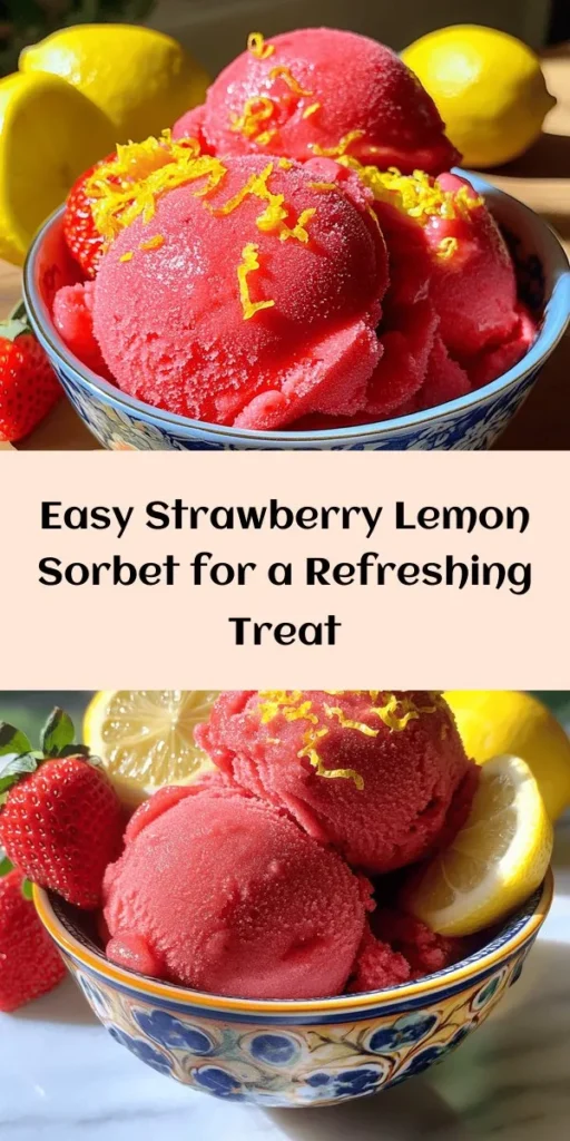 Cool off with this refreshing Strawberry Lemon Sorbet, a delightful treat that brings the taste of summer to any day! Made with fresh strawberries, zesty lemon juice, and a touch of honey or agave, this sorbet is not only delicious but also nutritious. Perfect for a hot day, it’s easy to make with just a few simple steps. Whether you use an ice cream maker or freeze it manually, this homemade sorbet is sure to be a hit. Enjoy a scoop and savor the fruity flavors!