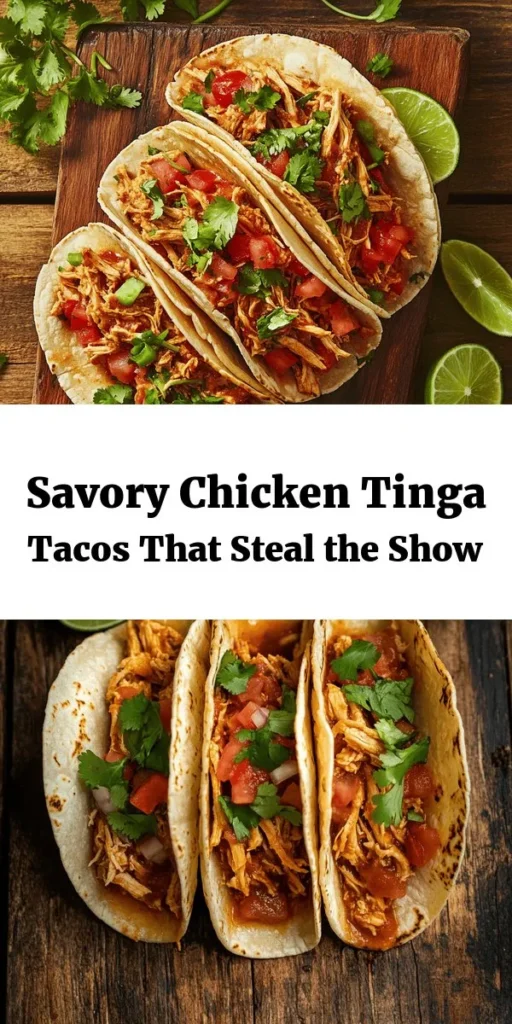 Discover the ultimate Chicken Tinga Tacos recipe! This flavorful dish features tender shredded chicken thighs simmered with smoky chipotle, garlic, and fresh tomatoes. Perfectly wrapped in warm corn tortillas, these tacos are topped with vibrant cilantro and a splash of lime for a zesty finish. In just about 50 minutes, you can serve this delicious meal to your family or friends. Ideal for taco night—embrace the flavors of Mexico right at home!