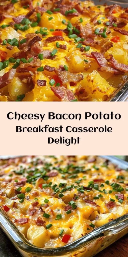 Start your day off right with this Cheesy Bacon Potato Breakfast Casserole! Packed with crispy bacon, tender russet potatoes, and a blend of sharp cheddar and mozzarella cheese, this hearty dish is sure to satisfy. With a mix of sautéed vegetables and a creamy egg blend, it's perfect for brunch or any gathering. Easy to make and deliciously comforting, just layer the ingredients, bake, and enjoy topped with fresh chives. Your morning just got a whole lot tastier!