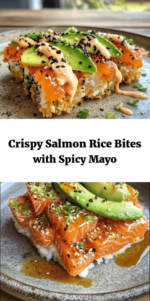 Discover the deliciousness of Salmon Crispy Rice Delight! This easy recipe features golden crispy rice squares topped with marinated sushi-grade salmon, creamy avocado, and a sriracha-spiced mayo. Perfect for appetizers or a fun dinner, each bite is a burst of flavor. With simple ingredients like sushi rice, fresh salmon, and tangy spices, it's a refreshing twist on sushi that's sure to impress. Perfect for gatherings or a cozy night in!