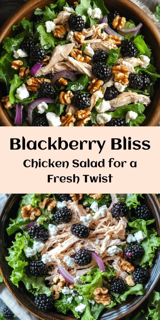 Elevate your salad game with this delightful Blackberry Bliss Chicken Salad! Packed with tender chicken, fresh blackberries, and a mix of vibrant greens, it's both nourishing and delicious. The creamy Greek yogurt dressing with a hint of honey adds the perfect touch of sweetness. Finished with crunchy walnuts and feta cheese, this salad is great for a light lunch or a healthy dinner option. Quick to make in just 20 minutes, it's sure to impress at your next gathering!