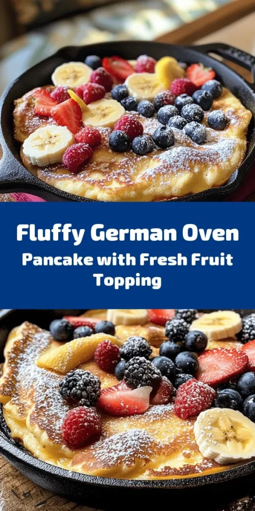 Get ready to impress with this Fluffy German Oven Pancake Delight! This easy recipe combines eggs, milk, flour, and a touch of sugar for a light and airy treat. Simply mix the ingredients, bake in a buttered skillet, and watch it puff up beautifully. Top with powdered sugar and your favorite fruits for a scrumptious breakfast or brunch. Perfect for sharing, this pancake serves 4-6 and is ready in just 30 minutes! Enjoy a delightful start to your day.