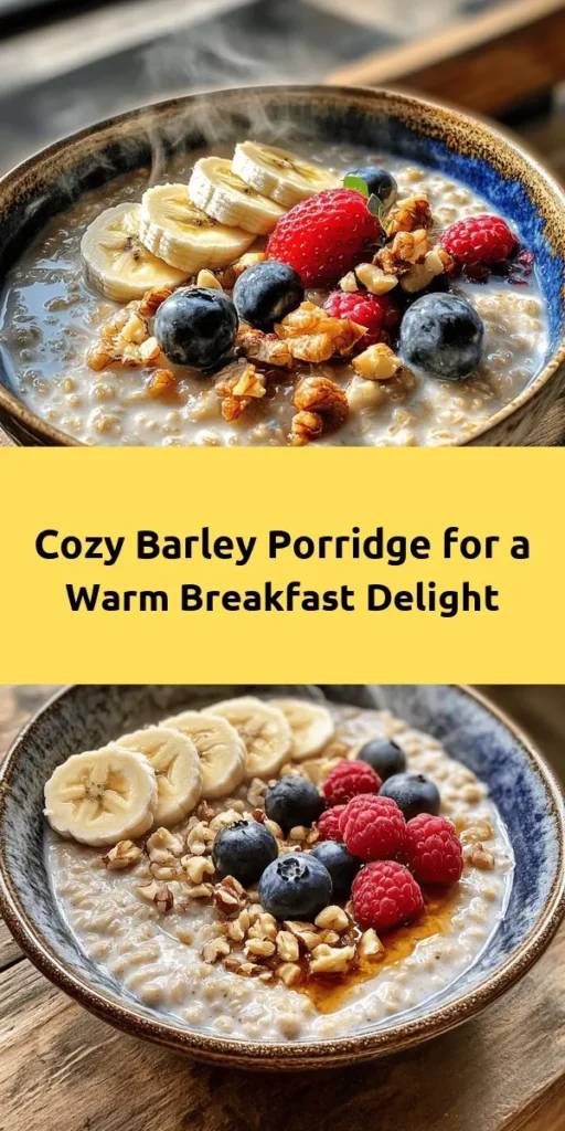 Warm up your mornings with this comforting barley porridge! This hearty recipe combines pearl barley, water or broth, and a splash of milk for creamy goodness. Sweetened with maple syrup and sprinkled with cinnamon, it’s a delicious way to start your day. Top it with fresh fruits like bananas or berries and add nuts or seeds for extra crunch. Perfect for a healthy breakfast that serves four in just about 50 minutes. Enjoy cozy, delicious mornings!