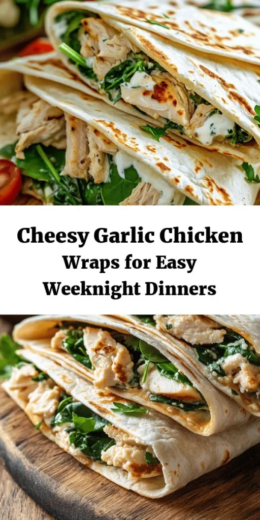 Try these Cheesy Garlic Chicken Wraps for an easy and delicious meal that the whole family will love! With shredded chicken, gooey mozzarella, and a hint of garlic, these wraps are packed with flavor. Ready in just 25 minutes, they’re perfect for a quick lunch or dinner. Customize with your favorite greens and serve warm with dipping sauce. Get ready to enjoy a cheesy, savory delight that's sure to impress!