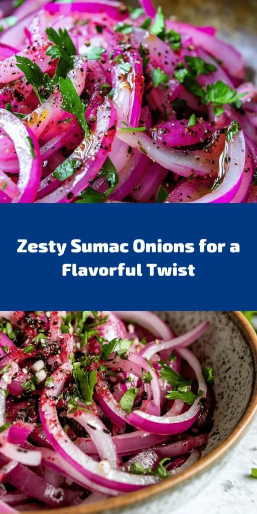 Elevate your meals with these Zesty Sumac Onions! This quick and easy recipe combines thinly sliced red onions with the tangy flavor of sumac, fresh lemon juice, and a hint of sweetness from honey or maple syrup. Perfect as a side dish or a vibrant topping, simply marinate the onions for at least 30 minutes to let the flavors shine. Garnish with fresh herbs for a beautiful finish. Perfect for salads, grilled meats, or as a flavorful dip! Enjoy!