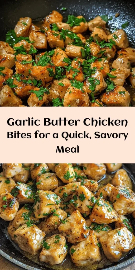 Discover the ultimate flavor sensation with these savory garlic butter chicken bites! This quick and easy recipe features tender chicken breast cooked in rich garlic butter, seasoned with thyme and paprika. In just 25 minutes, you’ll have a delicious meal that serves four. Perfect for busy weeknights or meal prep, this dish pairs beautifully with your favorite side. Garnish with fresh parsley for an extra pop of color and flavor. Try it today!