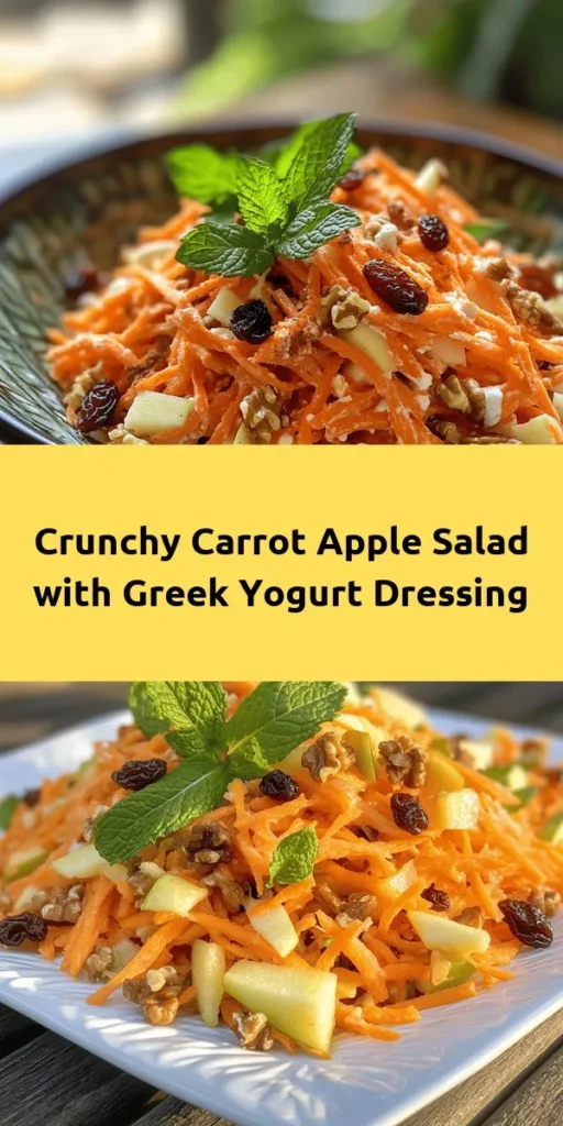 Discover the perfect blend of crunch and sweetness with this Crunchy Carrot Apple Delight! This refreshing salad combines grated carrots, crisp apples, and the added texture of raisins and walnuts, all tossed in a creamy Greek yogurt dressing with a hint of honey and lemon. With just 15 minutes of prep, it's a quick and healthy side dish or snack. Serve chilled and garnish with fresh mint for an added touch. Enjoy a burst of flavor in every bite!