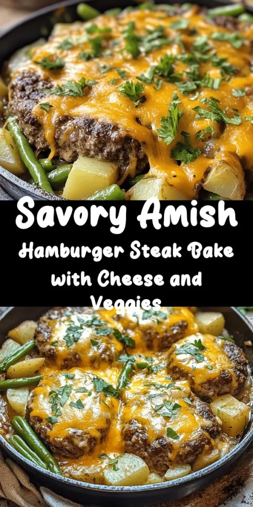 Savor the comforting flavors of this Amish Hamburger Steak Bake, perfect for family dinners! Ground beef patties are seasoned and seared to perfection, then baked with tender potatoes and fresh green beans in rich beef broth. Topped off with gooey cheddar cheese, this one-pan meal is both delicious and easy to make. Get ready to impress your loved ones with this hearty dish that's ready in just an hour! Enjoy a taste of home cooking tonight.