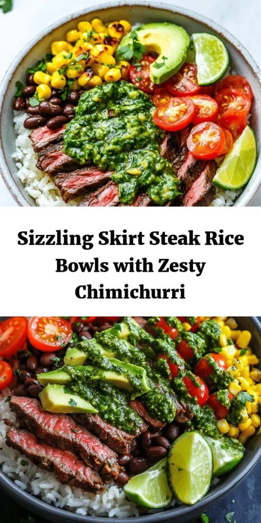 Elevate your dinner with these Skirt Steak Rice Bowls topped with zesty Chimichurri Sauce! Juicy skirt steak marinated in a smoky blend of spices is grilled to perfection and served over a bed of fluffy rice, black beans, fresh tomatoes, creamy avocado, and corn. A vibrant homemade chimichurri adds a burst of flavor that ties everything together. Perfect for a weeknight meal or impressing guests, this recipe is a delicious way to enjoy steak!