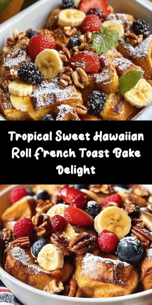 Indulge in a tropical twist on breakfast with this Sweet Hawaiian Roll French Toast Bake! Perfect for gatherings or a cozy family brunch, this easy recipe combines sweet Hawaiian rolls, a rich custard mixture, and optional crushed pineapple for an extra burst of flavor. Bake to golden perfection, then serve warm topped with maple syrup, a dusting of powdered sugar, and fresh fruit. A delicious and fun way to start your day!