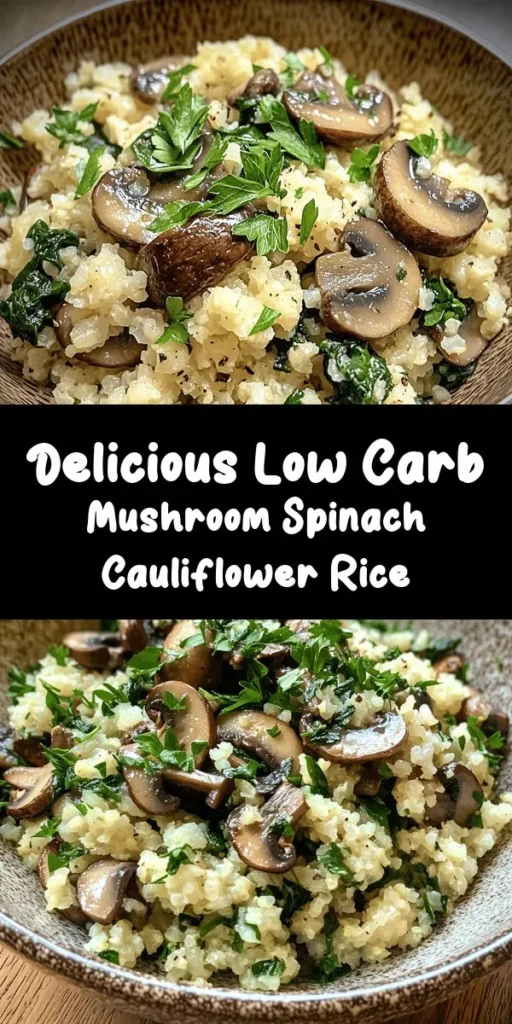 Try this delicious Low Carb Mushroom & Spinach Cauliflower Rice recipe for a healthy and satisfying meal! Packed with vitamins from fresh spinach and earthy flavor from mushrooms, this dish is both nutritious and easy to make. In just 25 minutes, you can enjoy a tasty dinner that's perfect for your low-carb lifestyle. Top with optional parmesan for extra creaminess. It's a great side or main dish that's sure to please everyone!