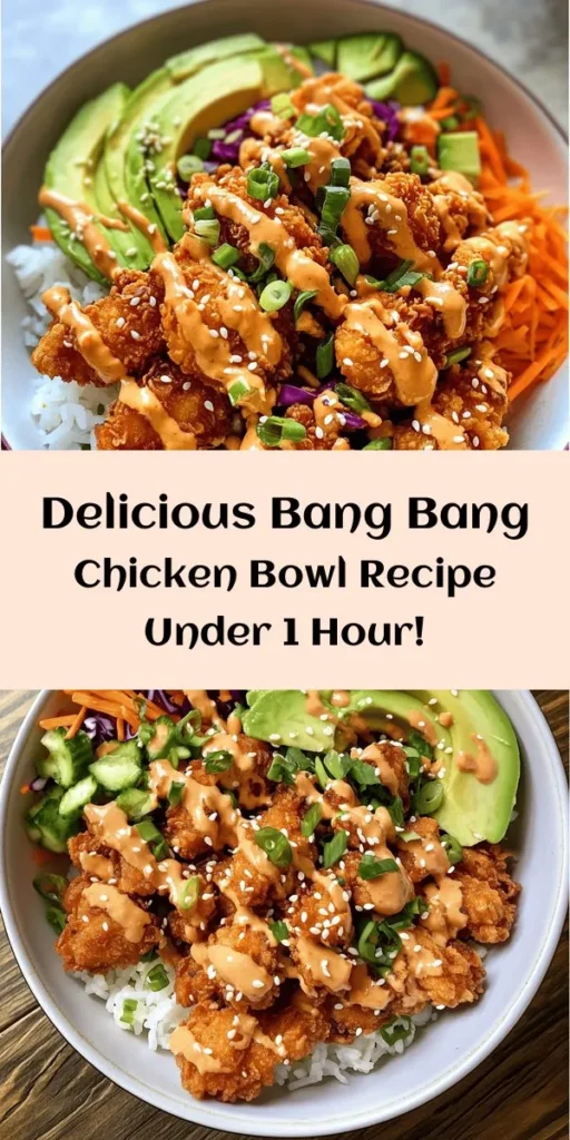 Discover the irresistible flavors of this Bang Bang Chicken Bowl! Juicy, crispy chicken thighs are marinated in buttermilk and spices, then fried to golden perfection. Served over fluffy jasmine rice, fresh cabbage, crunchy carrots, and creamy avocado, this dish is a feast for the senses. Drizzle with a tangy homemade Bang Bang sauce for an extra kick! Perfect for a satisfying meal that delights everyone at the table. Enjoy! 🍗🔥