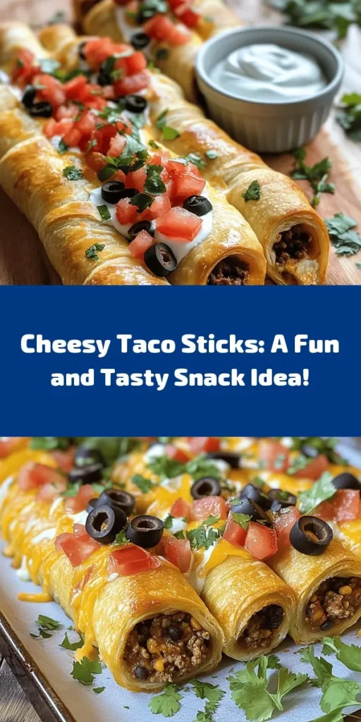 Get ready to delight your taste buds with these Cheesy Taco Sticks! Perfect for a quick dinner or an easy party snack, they're filled with seasoned ground beef, refried beans, and two kinds of cheese, all wrapped in flaky crescent roll dough. Bake them until golden and serve warm with a side of sour cream and a sprinkle of fresh cilantro. Your family and friends will love this delicious twist on tacos! Give them a try today!