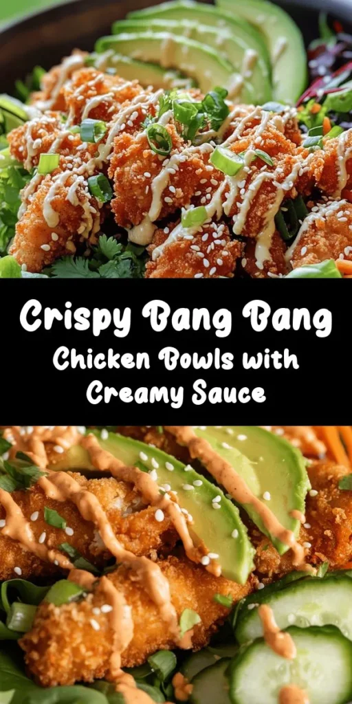 Dive into this delicious Bang Bang Chicken Bowl! Crispy fried chicken, breaded to perfection and drizzled with a creamy, spicy Bang Bang sauce, sits atop a vibrant bed of mixed greens, shredded carrots, and fresh cucumber. Topped with creamy avocado, green onions, and cilantro, this dish is as satisfying as it is beautiful. Perfect for a quick weeknight meal or a weekend treat, you won't want to miss out on this flavor-packed bowl!