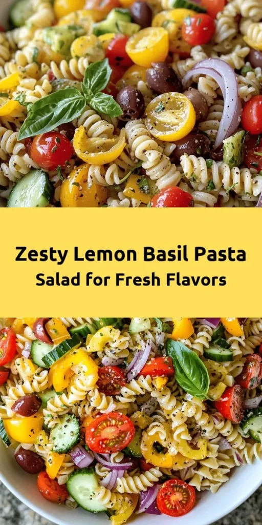 Brighten up your meal with this refreshing Zesty Lemon Basil Pasta Salad! Packed with whole wheat pasta, cherry tomatoes, cucumber, bell peppers, and a burst of fresh basil, it's the perfect dish for summer days or picnics. Tossed in a light lemon and nutritional yeast dressing, this salad is both healthy and delicious. Chill for 30 minutes to let the flavors meld, then serve it cold or at room temperature for a delightful experience! Enjoy!