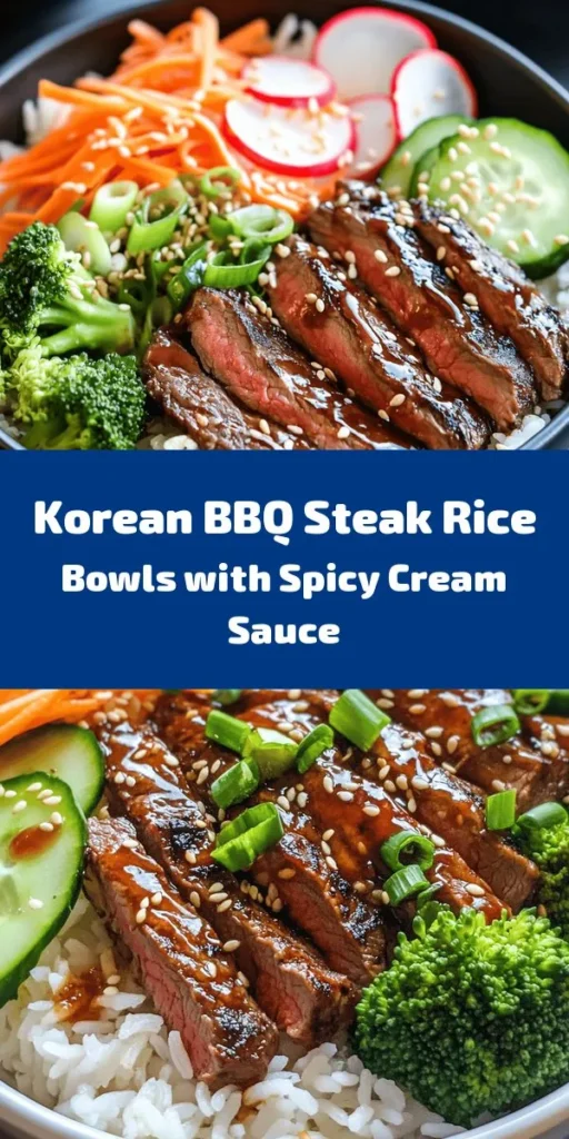 Elevate your weeknight dinner with these Sizzling Korean BBQ Steak Rice Bowls! Packed with flavor, this dish features marinated flank steak cooked to perfection, served over fluffy jasmine rice with fresh veggies like shredded carrots, cucumber, radishes, and broccoli. Drizzle with a creamy spicy sauce for an extra kick. Perfect for meal prep or a fun family dinner, this recipe is sure to impress. Get ready to enjoy a delicious explosion of tastes!