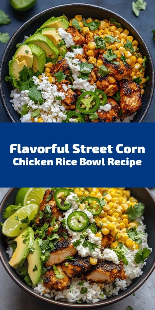 Make dinner a fiesta with this delicious Street Corn Chicken Rice Bowl! Featuring tender diced chicken marinated with a blend of spices, served over a fluffy bed of jasmine rice, and topped with a smoky street corn mixture. This bowl is finished with creamy avocado, crumbled cotija cheese, and fresh cilantro for an added burst of flavor. Ideal for quick weeknight meals or gatherings, this recipe is both tasty and easy to make. Don't forget the lime wedges for a zesty touch!