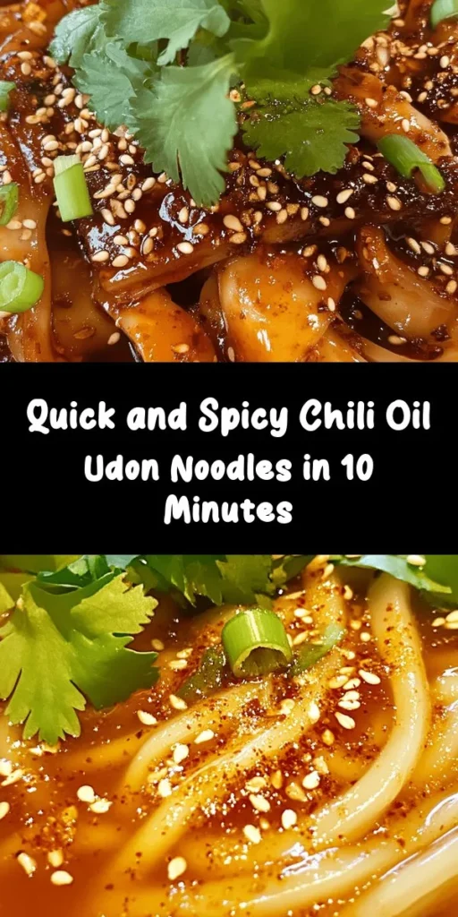 Whip up a delicious meal in just 10 minutes with these Chili Oil Udon Noodles! Perfect for a quick lunch or dinner, this recipe combines hearty udon noodles with a spicy and flavorful chili oil sauce, garlic, ginger, and soy sauce. Tossed together and garnished with green onions, sesame seeds, and fresh herbs, it’s a satisfying dish that you can customize to your spice preference. Enjoy a bowl of bold flavors today!