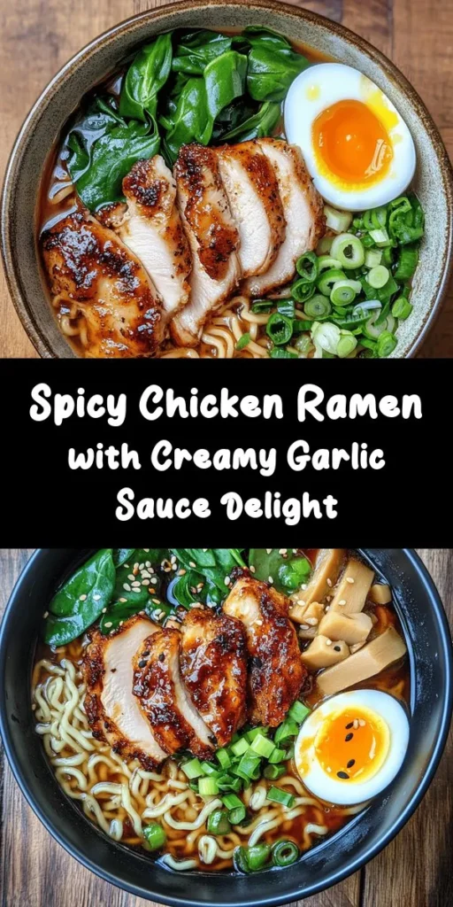 Spice up your dinner with this delicious Fiery Chicken Ramen featuring a creamy garlic sauce! Packed with tender marinated chicken thighs, savory shiitake mushrooms, and fresh baby spinach, this dish is sure to satisfy your cravings. The creamy garlic sauce adds a rich depth that perfectly complements the spicy broth. It's a quick and easy recipe perfect for any night of the week. Serve it hot for a warming meal that packs a punch! 🌶️🍜