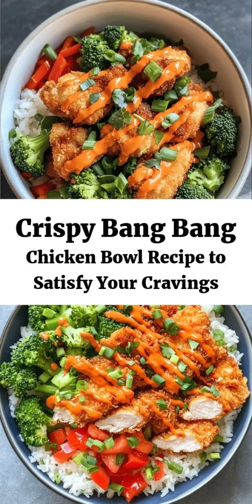 Satisfy your cravings with this delicious Bang Bang Chicken Bowl! Featuring crispy breaded chicken thighs served over fluffy jasmine rice, vibrant blanched broccoli, and diced red bell pepper, this bowl is bursting with flavor. Top it all off with a zesty homemade Bang Bang sauce made from mayonnaise, sweet chili, and a kick of sriracha. Perfect for a weeknight dinner or meal prep, this recipe is not only quick to make but also a crowd-pleaser! Enjoy every bite!