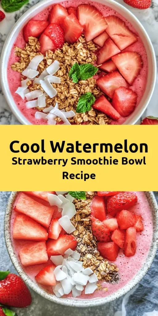 Dive into summer with this delightful Watermelon and Strawberry Smoothie Bowl! Made with frozen watermelon, strawberries, and banana for a creamy texture, this bowl is not only refreshing but also packed with nutrients. Top it off with your choice of sliced fruits, crunchy granola, and a sprinkle of chia seeds for extra goodness. Perfect for a quick breakfast or a light snack, this smoothie bowl will keep you cool and satisfied. Enjoy this vibrant treat in just 10 minutes!